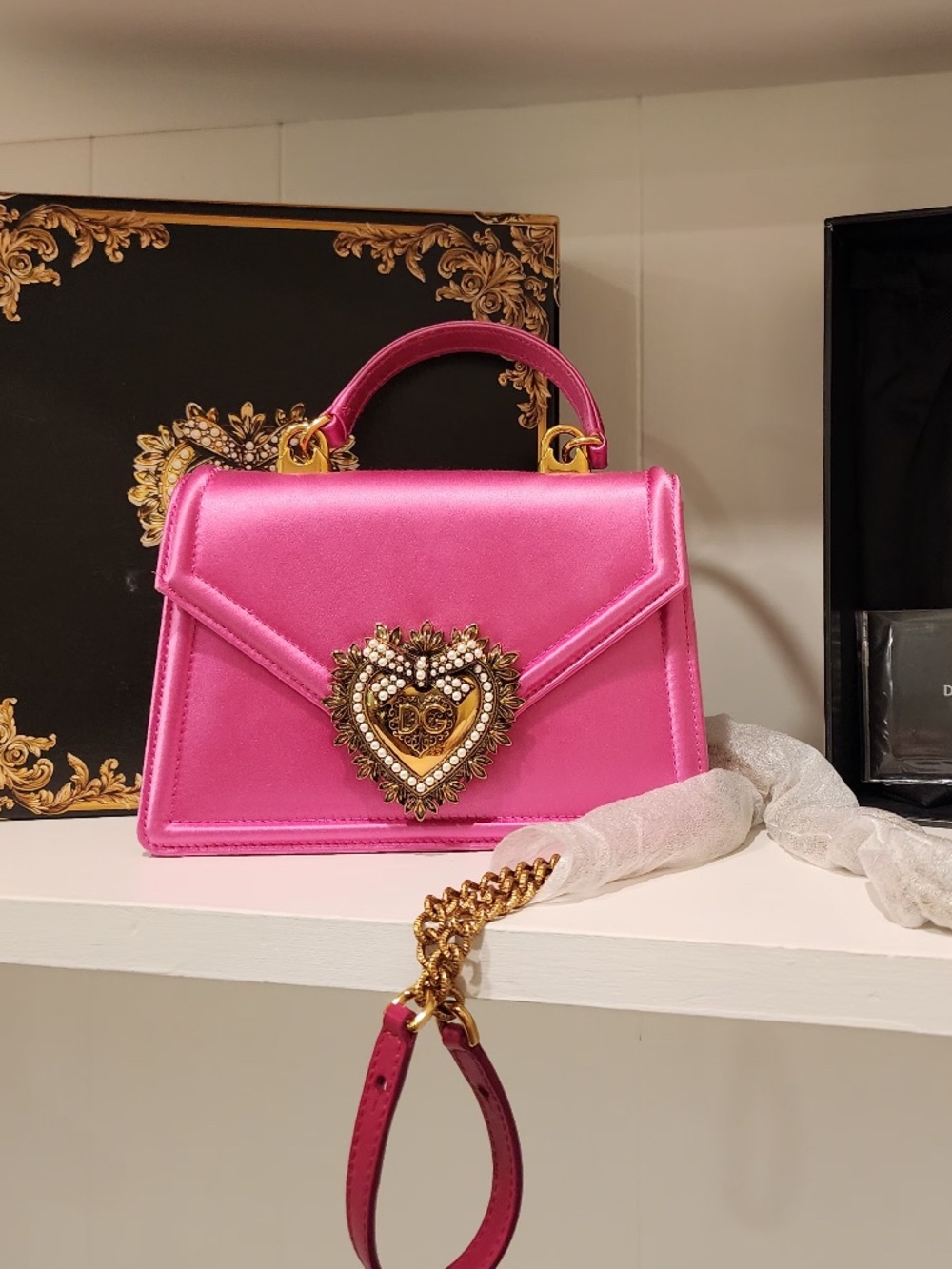 Dolce & Gabbana Small Devotion Top Handle Bag in Hot Pink Satin
